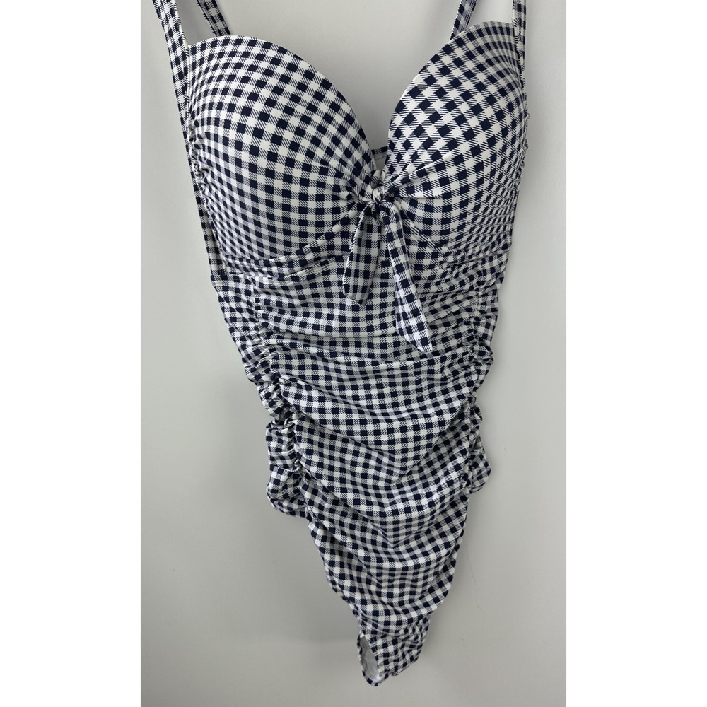 Torrid Navy Gingham Tie Front Wireless Ruched One-Piece Swimsuit Plus Size 4 4X - Picture 4 of 16
